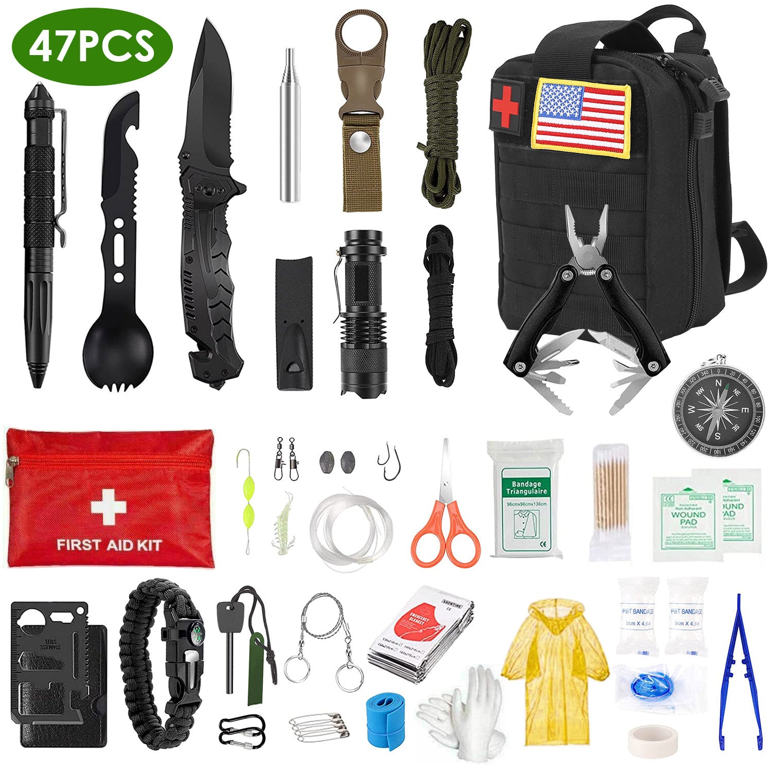 47Pcs Emergency Survival Kit Survival EDC Gear Equipment Tool First Aid Supplies Kit