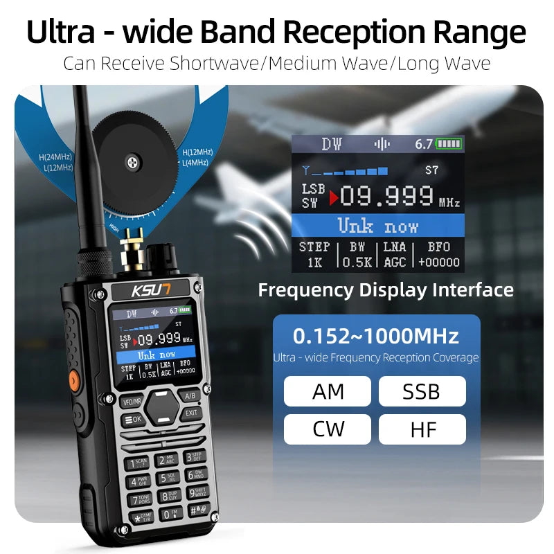 KSUN HF123D UHF VHF Dual HAM Band Radio AM FM NOAA CW SSB HF Shortwave Walkie Talkie 10W Blue-tooth Programming Radio