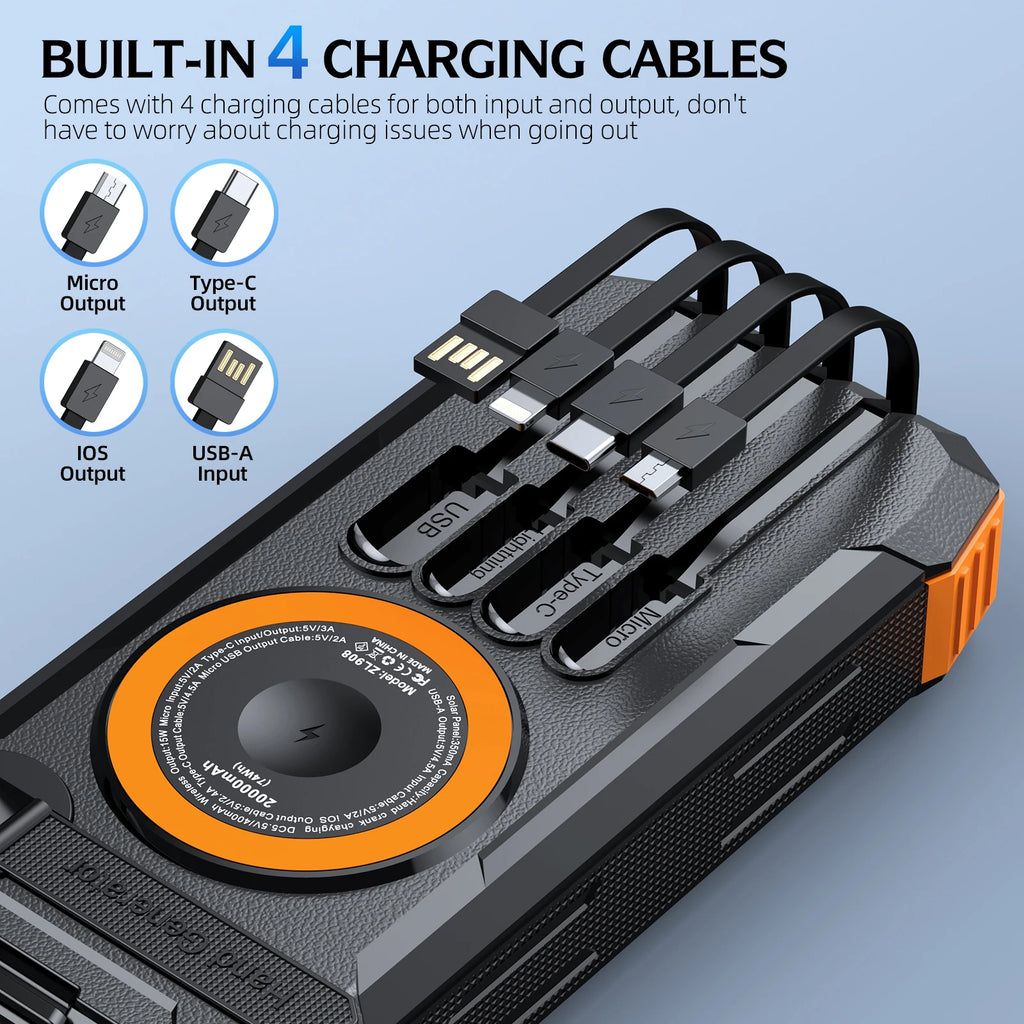 2026 NEW Solar Power Bank 80000mAh 22.5W Magnetic Wireless Powerbank Hand Crank with Cable Portable Charger for Outdoor Camping