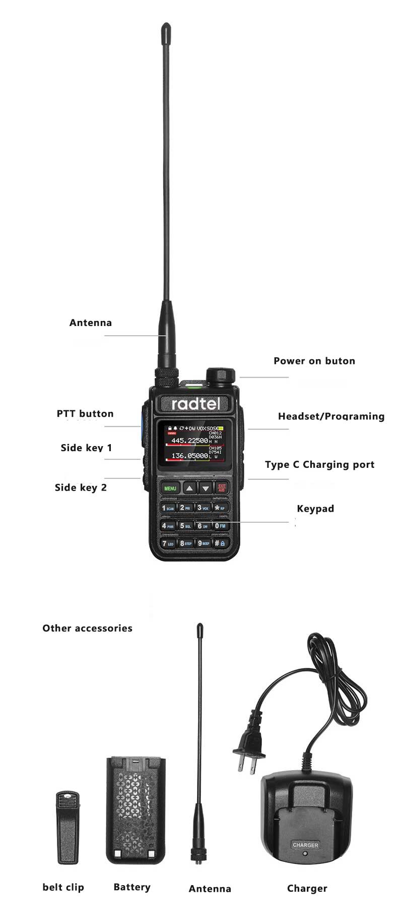 Radtel RT-890 NOAA Weather Channel 6 Band Ham  Amateur 2 Way Radio 999CH Walkie Talkie AM Air Aviation Band Color Scanner Marine