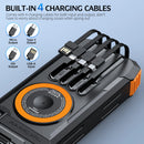 Solar Power Bank High Capacity, Wireless Charger with 4 Built-in Cables, Hand Crank Generator, LED Light for Outdoor Emergency