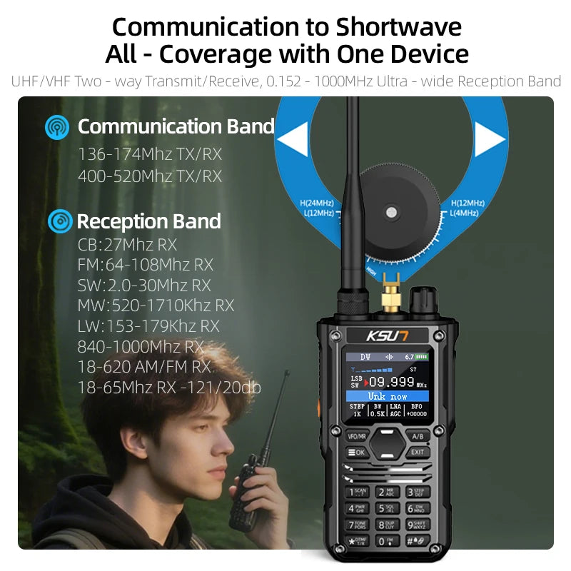 KSUN HF123D UHF VHF Dual HAM Band Radio AM FM NOAA CW SSB HF Shortwave Walkie Talkie 10W Blue-tooth Programming Radio