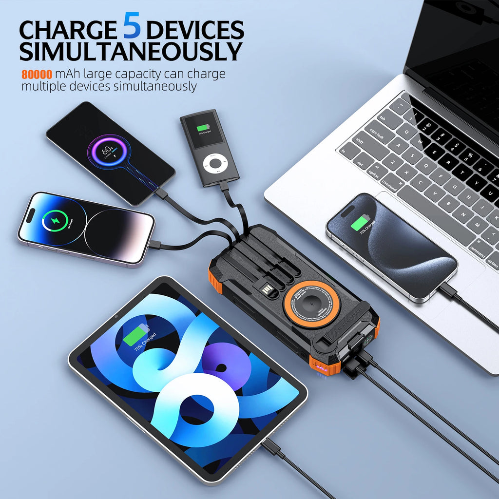 2026 NEW Solar Power Bank 80000mAh 22.5W Magnetic Wireless Powerbank Hand Crank with Cable Portable Charger for Outdoor Camping
