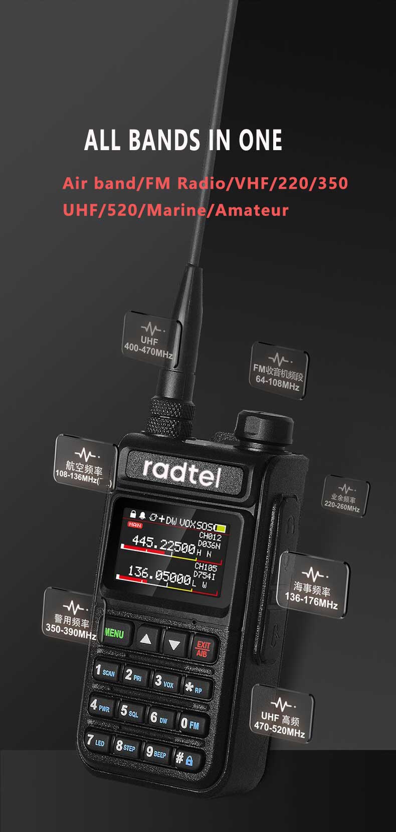 Radtel RT-890 NOAA Weather Channel 6 Band Ham  Amateur 2 Way Radio 999CH Walkie Talkie AM Air Aviation Band Color Scanner Marine