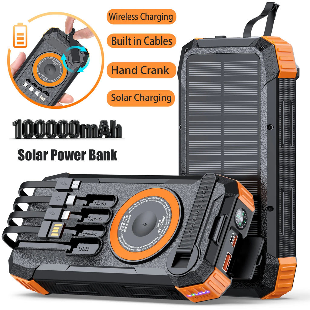 Solar Powerbank Hohe Kapazität, Kabelloses Ladegerät mit 4 integrierten Kabeln, Handkurbelgenerator, LED-Licht für Outdoor-Notfälle