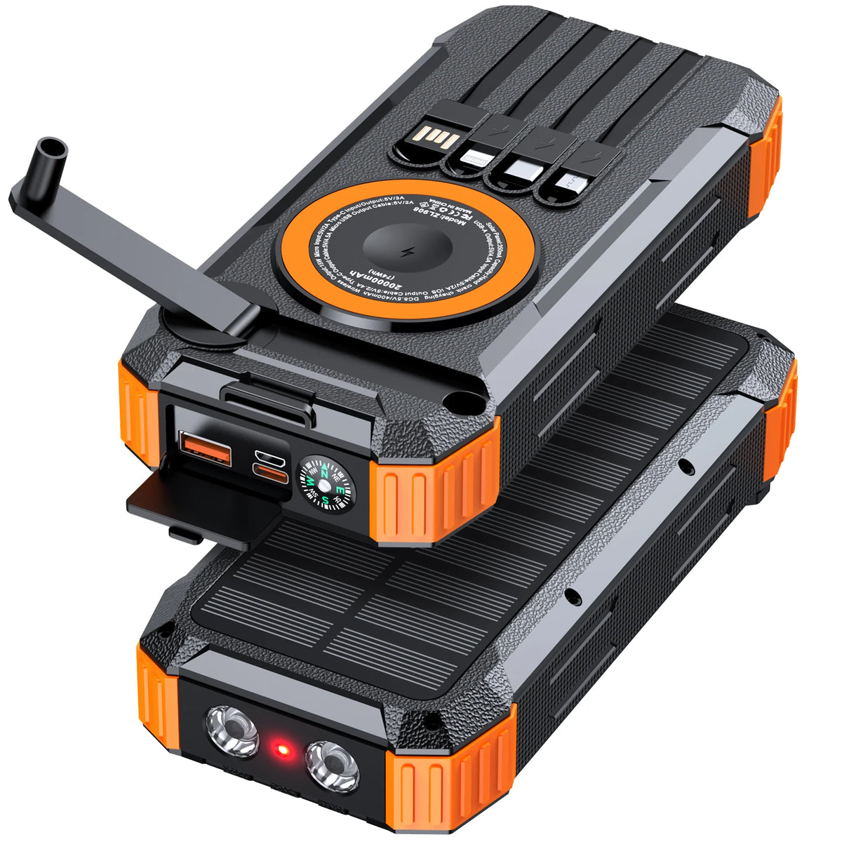 Solar Power Bank High Capacity, Wireless Charger with 4 Built-in Cables, Hand Crank Generator, LED Light for Outdoor Emergency
