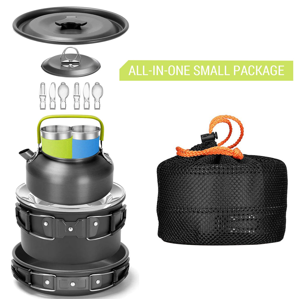 Camping-Kochgeschirr-Set, Outdoor-Kochzubehör für Camping, Wandern und Picknicks für 2 Personen, All-in-One-Kompakt-Camping-Kochset