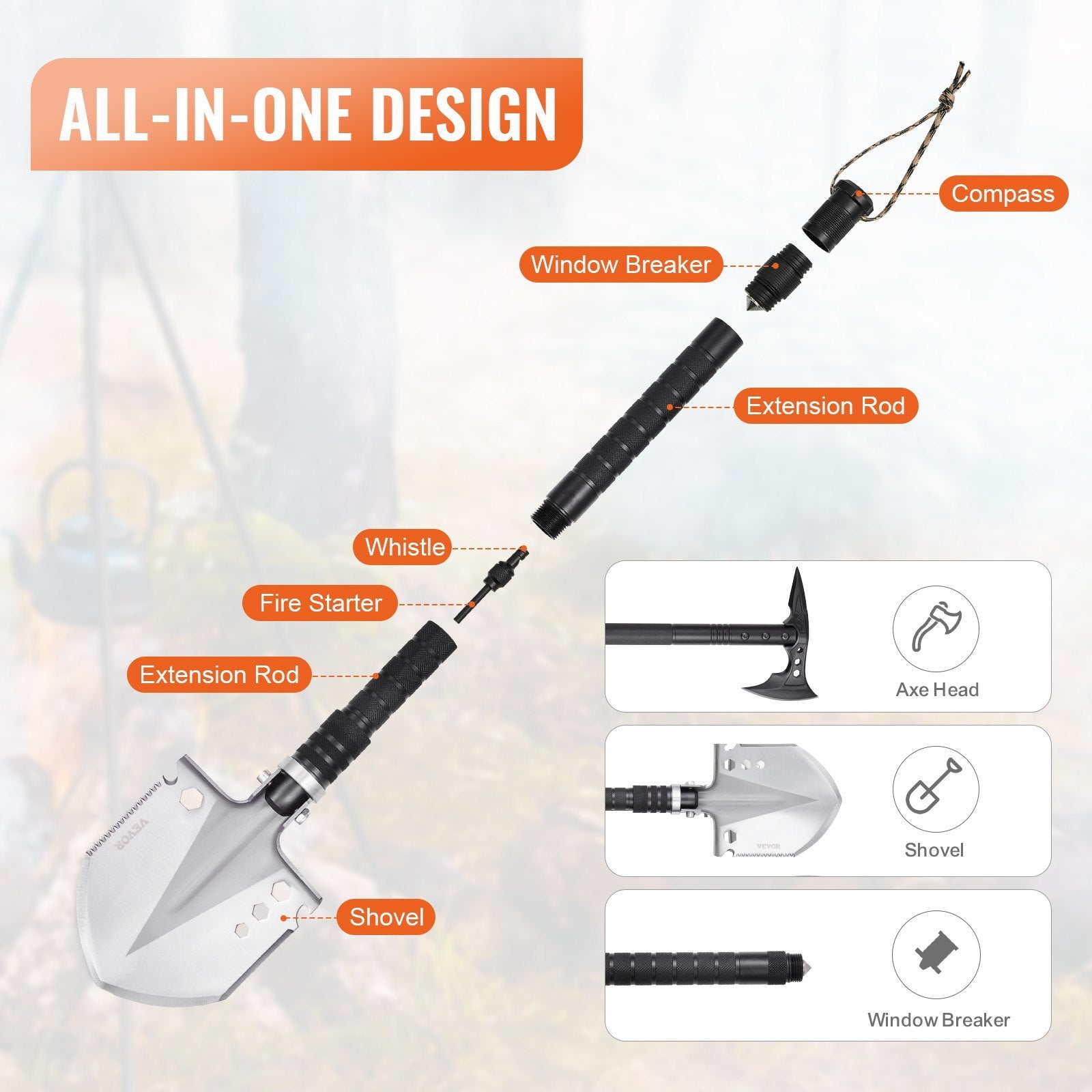 Survival Shovel Survival Axe 28-in-1 Camping Folding Shovels With Hatchet