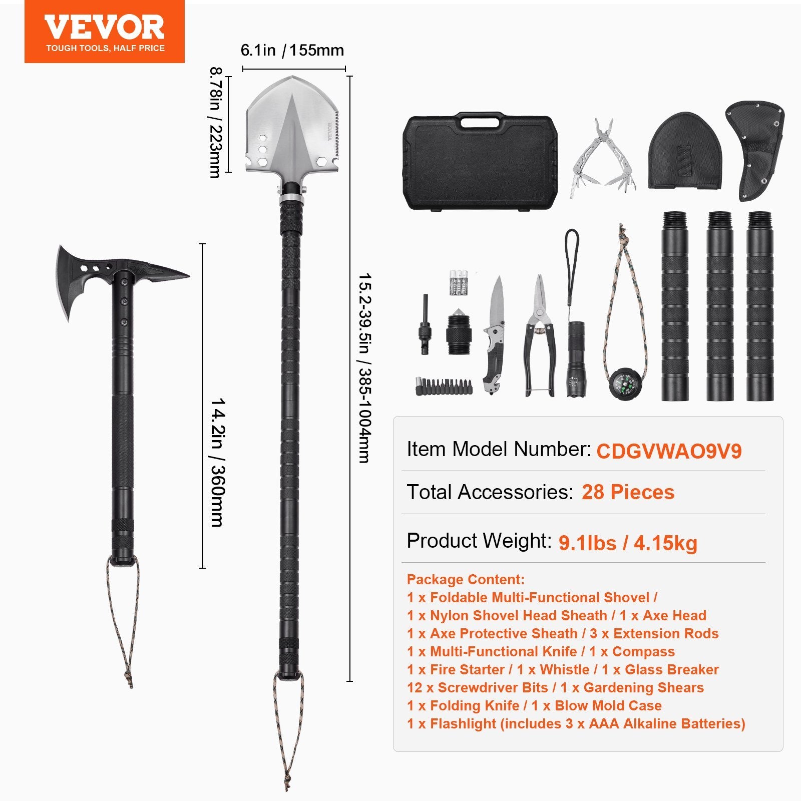 Survival Shovel Survival Axe 28-in-1 Camping Folding Shovels With Hatchet