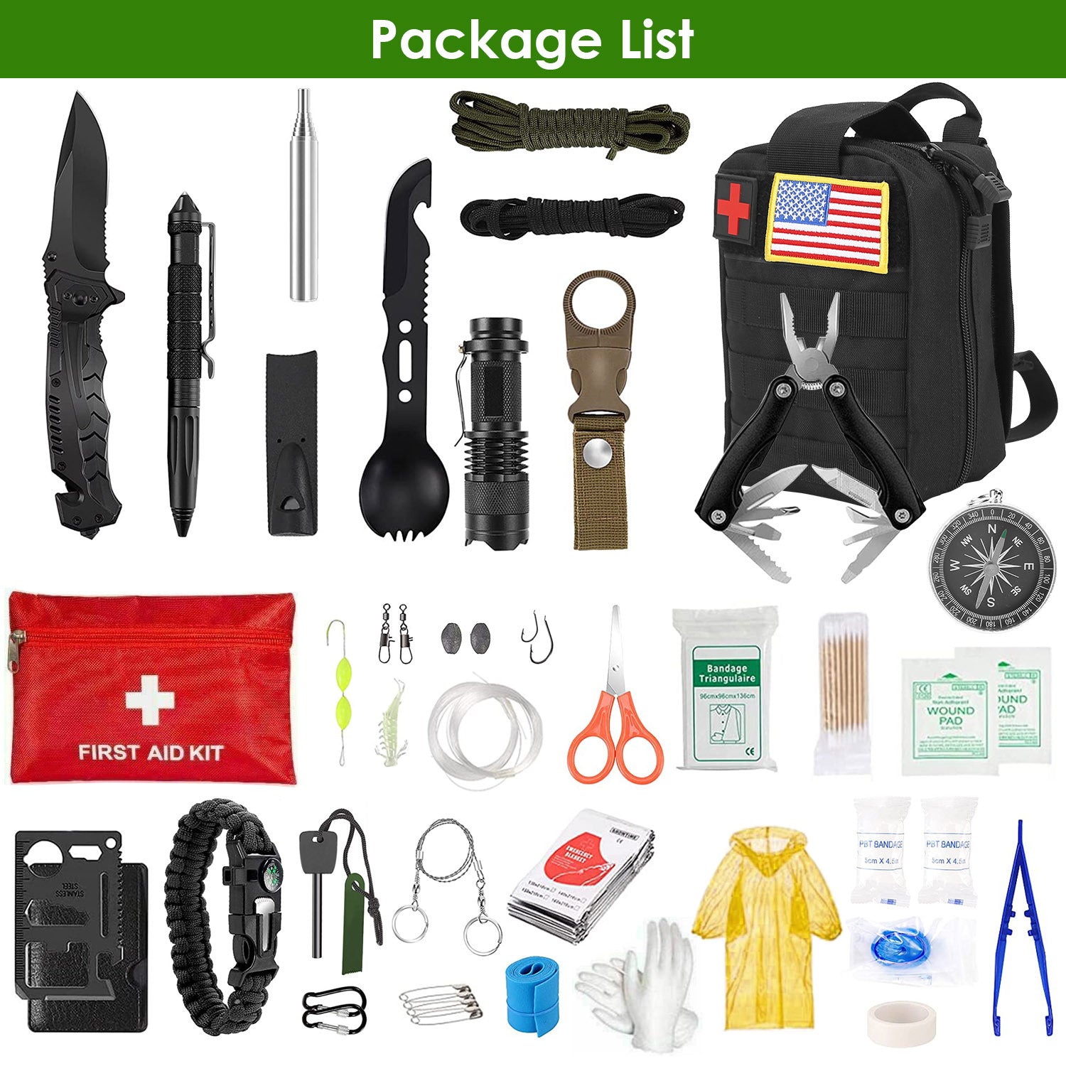 47Pcs Emergency Survival Kit Survival EDC Gear Equipment Tool First Aid Supplies Kit